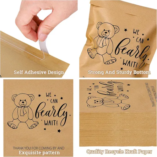 Miniatura 3 de AnyDesign Paquete de 100 bolsas autoadhesivas de papel kraft para baby shower, con texto en inglés "We Can Bearly Wait", bolsas de papel kraft