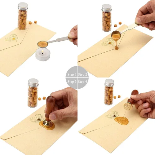 Miniatura 7 de Yoption 300 cuentas de cera octágono con 4 velas y 2 cucharas de fusión para sello de cera (dorado)