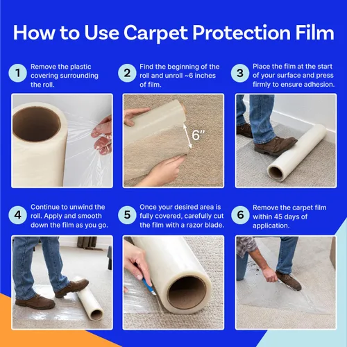 Miniatura 8 de TapeManBlue Rollo de película protectora de alfombra de 36 pulgadas x 200 pies, película protectora de plástico autoadhesiva para alfombras