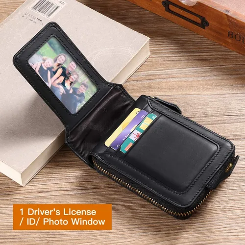 Miniatura 10 de GOIACII Cartera con cremallera para hombre, de piel auténtica, con bloqueo RFID, con cremallera, bolsillo para monedas, para identificación, con Café