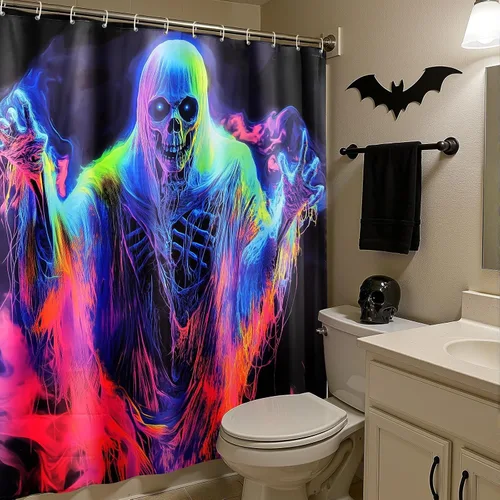 Miniatura 5 de Cortina de ducha de Halloween: juego de cortina de ducha de Halloween con ganchos, decoración de baño aterradora para ventana del hogar, decoración