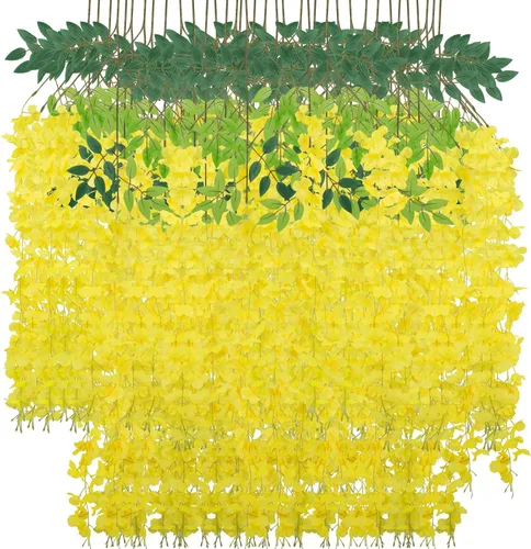 Miniatura 19 de Paquete de 12 flores colgantes de glicina artificial, guirnalda de flores de glicina falsas, enredaderas de seda, decoración de ratán para el hogar