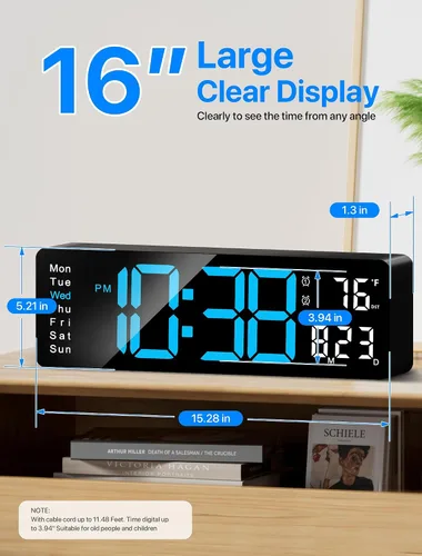 Miniatura 2 de MASHI Reloj de pared digital, reloj digital de pantalla grande de 16 pulgadas con control remoto, reloj de pared con atenuación automática con luz