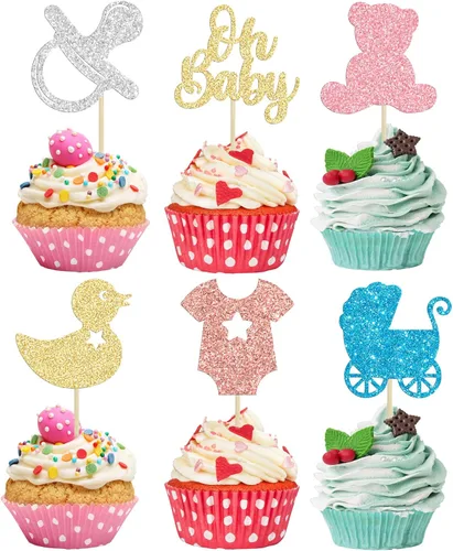 Miniatura 11 de Gyufise 36 piezas Adornos para cupcakes de baby shower con purpurina, chupete, carrito de bebé, oso, Oh Baby, púas para cupcakes para revelación