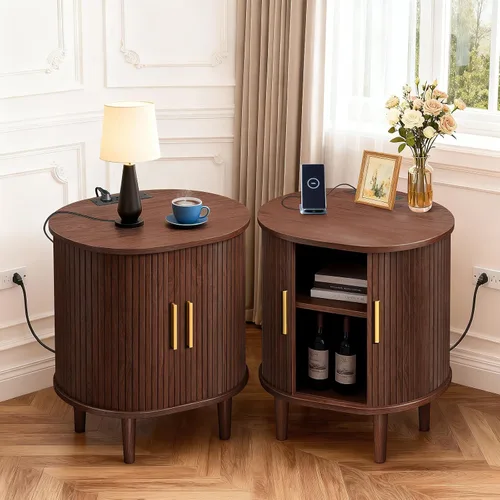 Miniatura 15 de DHH Mesita de noche moderna de mediados de siglo con estación de carga, mesa auxiliar acanalada con puerta corredera y estante ajustable, mesa Negro