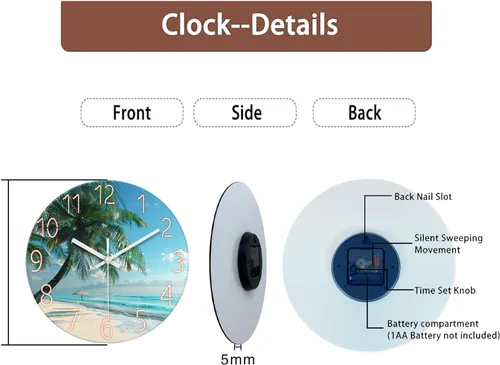 Miniatura 7 de XFM Reloj de pared de playa, silencioso, sin tictac, funciona con pilas, reloj de pared de 12 pulgadas con palmera tropical azul océano azul Blue7