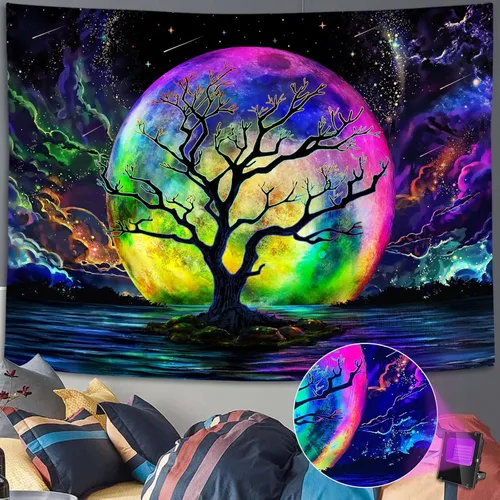 Miniatura 4 de Faxdong Tapiz de luna con luz negra, reactivo a los rayos UV, árbol lago, colorido estrellado, noche estrellada, galaxia, nubes espaciales, tapiz