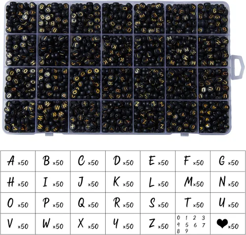 Miniatura 6 de 1400 piezas de cuentas de letras, cuentas de alfabeto acrílico de 4x7 mm, cuentas para hacer joyas y pulseras, en caja de 28 rejillas (Negro y Oro)