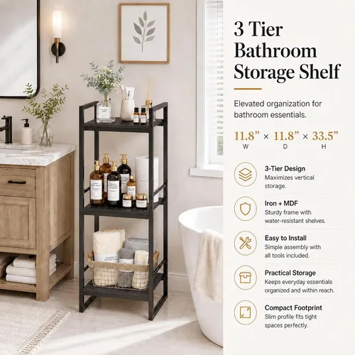 Miniatura 5 de BYFU Estante abierto de almacenamiento de 3 niveles para baño, estante de almacenamiento de esquina de metal independiente para baño, cocina, sala