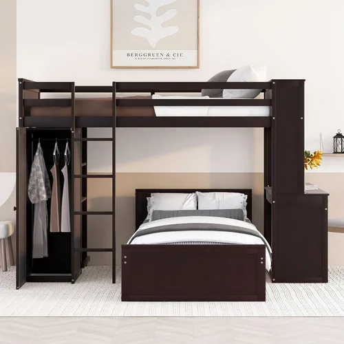 Miniatura 3 de Cama tipo loft multifuncional de tamaño individual con una cama y escritorio independientes, cama tipo loft de madera maciza con estantes y armario
