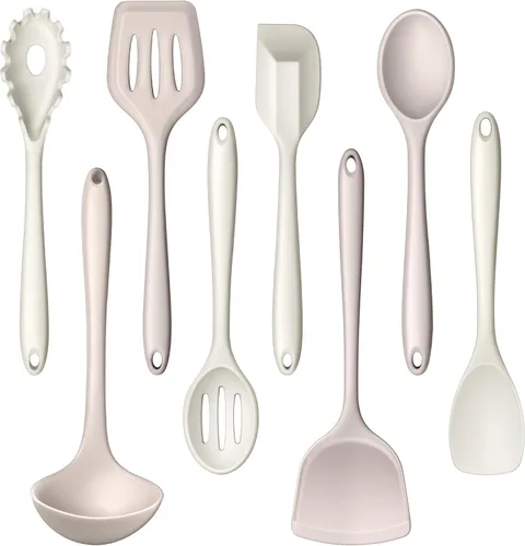 LIANYU Juego de 8 utensilios de cocina, juego de espátulas de silicona para utensilios de cocina antiadherentes, incluye espátula de silicona, Caqui