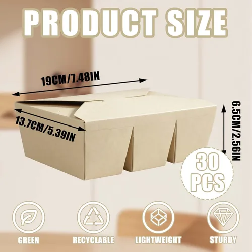 Miniatura 3 de Paquete de 30 recipientes de comida para llevar, 3 compartimentos de 7.5 x 5.4 x 2.6 pulgadas, cajas de papel de pulpa de bambú para llevar
