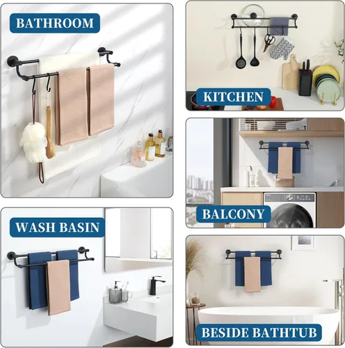 Miniatura 8 de Alise Toallero doble, toallero de 24 pulgadas para baño, soporte de toalla de montaje en pared, toallero de secado rápido, toallero de acero Negro