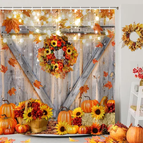 Miniatura 8 de Cortina de ducha de otoño, decoración de baño de árbol de calabaza, 72 x 72 pulgadas, tela de poliéster, cortina de baño impermeable con 12 ganchos