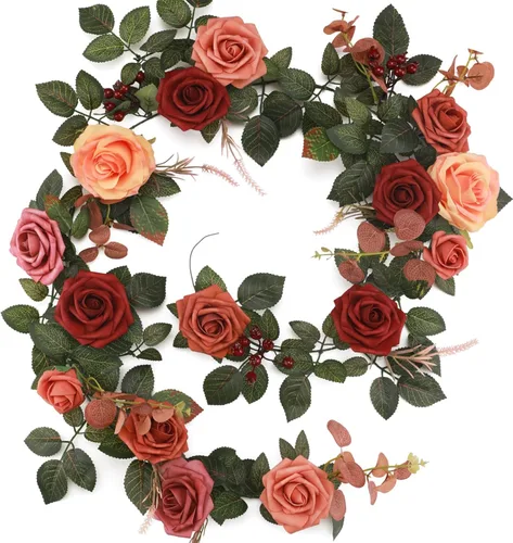 Senseya Guirnalda de flores de rosas artificiales de 5 pies, vid floral falsa de terracota con hojas de rosa, guirnalda de flores rústicas para