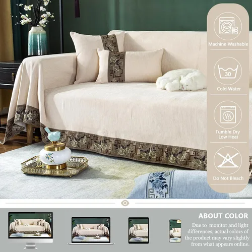 Miniatura 5 de DREAMINGO Funda beige para sofá de 3 cojines, borde jacquard damasco, funda de sofá de textura moderna de color sólido para sofá de 3 plazas, fundas