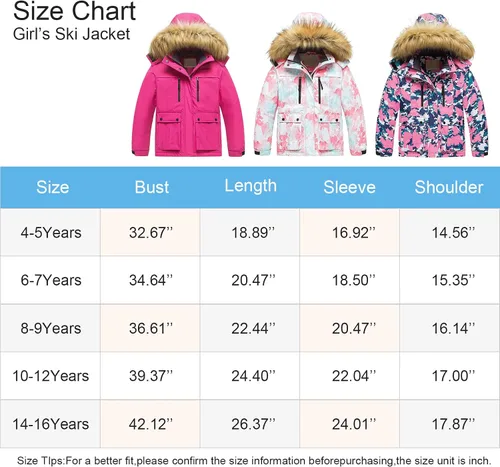 Miniatura 7 de Pursky Chaqueta de esquí impermeable para niñas, abrigos de nieve de invierno para niños, impermeable, parka