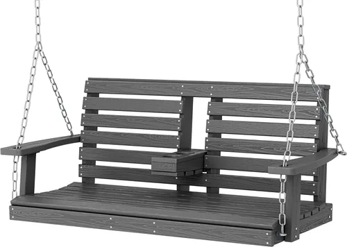 KINGYES Columpio colgante para porche al aire libre, silla de patio de 2 asientos con portavasos, banco impermeable para patio y jardín, capacidad