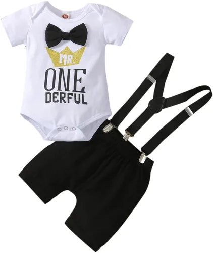 Miniatura 25 de Ropa divertida para el primer cumpleaños para bebé, ropa para bebé, con corbatín, mameluco, pantalones, conjunto de tirantes, trajes de pastel