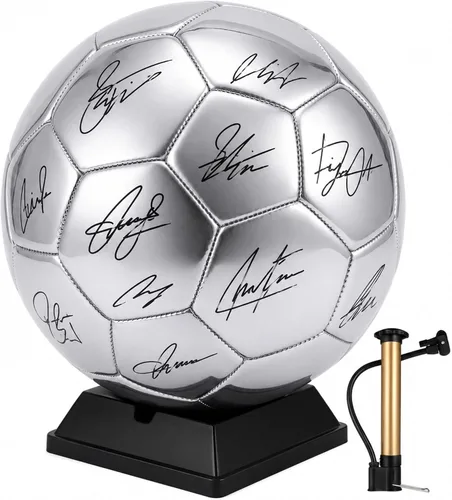 Miniatura 10 de Hiboom Balón de fútbol dorado con autógrafo de fútbol con soporte de exhibición, bomba de aire para trofeos, aniversario, escuela secundaria