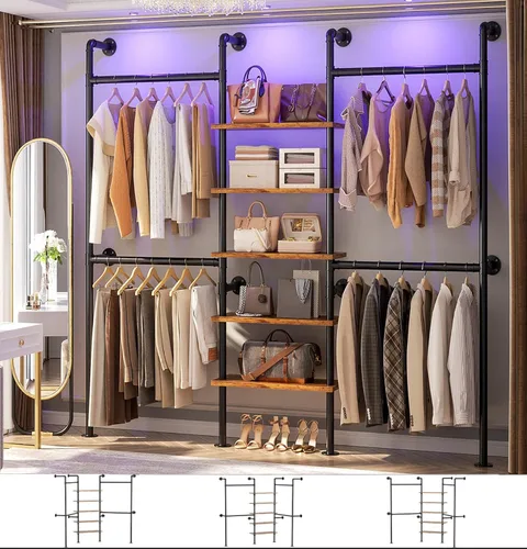 Miniatura 8 de Aheaplus Perchero industrial de tubo, perchero reversible de 6.42 pies para colgar ropa, resistente de 5 niveles para armario, perchero con Negro