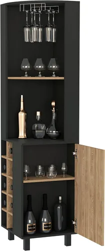 Miniatura 5 de FM FURNITURE Leah Armario esquinero para bar con 2 estantes abiertos, 2 estantes interiores, estante de vidrio y 10 cubos de vino, negro/pino