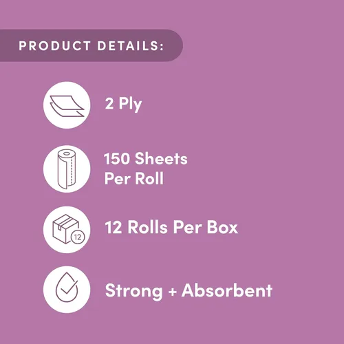 Miniatura 3 de Amazon Aware Toallas de papel de bambú, 12 rollos, 2 capas, certificado FSC, 150 hojas, 1800 unidades, paquete de 12, sin plástico, color blanco