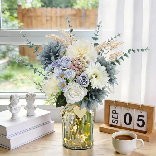 Miniatura 2 de Flores falsas en jarrón, arreglo de flores artificiales azul polvoriento en jarrón, centros de mesa florales falsos para cocina, granja, mesa
