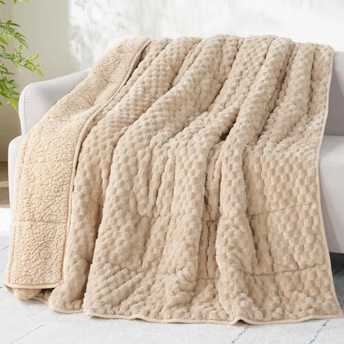 Miniatura 17 de Manta con peso de 15 libras, tamaño twin, manta con peso de sherpa a cuadros 3D de jacquard suave y elegante para adultos, manta de cama acogedora