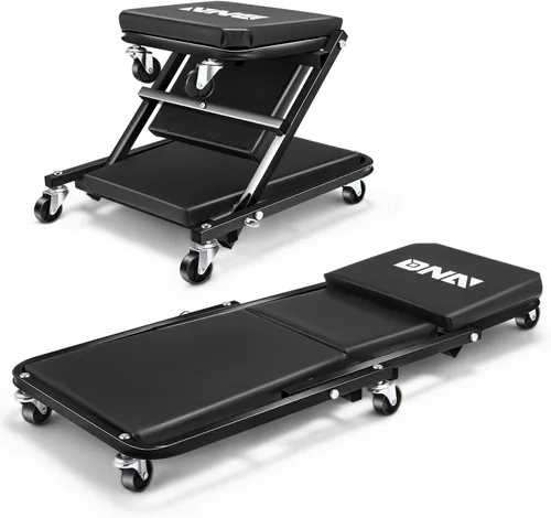 Miniatura 8 de DNA MOTORING Carro plegable 2 en 1 de 36 pulgadas en forma de Z, silla ajustable para garaje puedes acostarte o sentarte, 6 ruedas, capacidad de 330