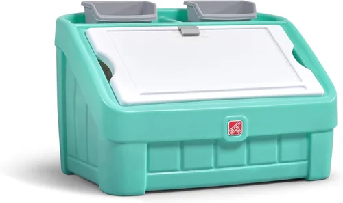 Step2 Caja de juguetes y tapa de arte 2 en 1, contenedor y organizador de juguetes para niños, caballete y cofre en uno, hecho de plástico duradero,