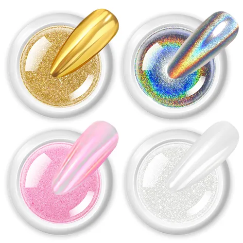 Miniatura 11 de 【Efecto espejo metálico n.º 1】Polvo de uñas cromado dorado LEDSUUEI – Polvo holográfico Aurora iridiscente perlado dorado cromado, blanco, perla
