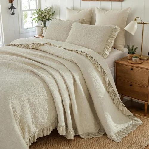 Miniatura 16 de Brandream Juego de Edredón Tamaño Queen de Algodón Beige con Estampado Floral y Enredaderas Matelassé Juego de Colcha con Volantes 3 Piezas