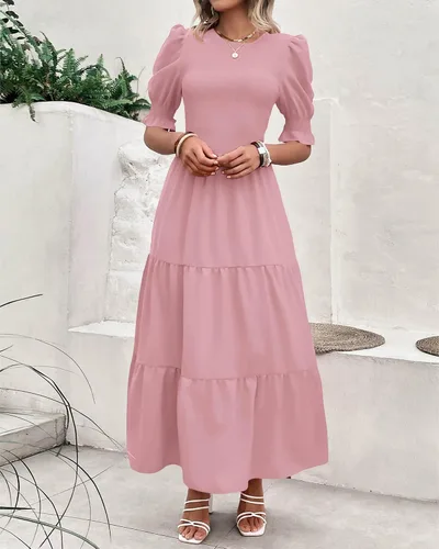 Miniatura 21 de BTFBM Vestidos para mujer, cuello redondo, casual, de verano, con volantes, manga corta, bohemio, con niveles, fruncido, largo, con estampado floral