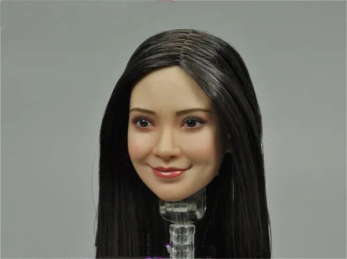 Miniatura 5 de Esculpa de cabeza femenina a escala 1/6, cabeza de cabello plantado de niña asiática tallada para figura de acción de 12 pulgadas (pelo liso negro)