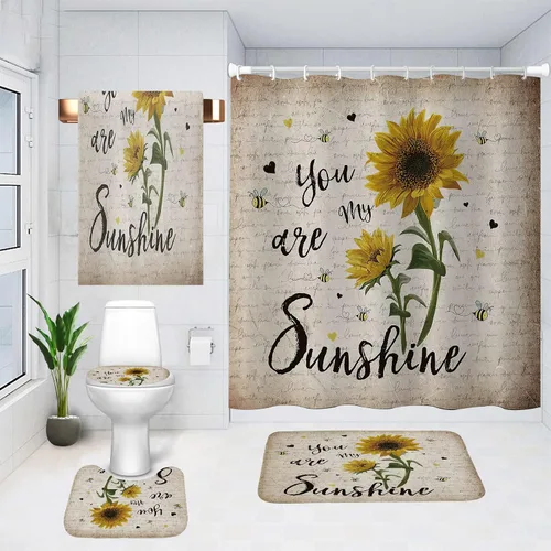 Miniatura 7 de Juego de cortinas de ducha de baño, 5 piezas, cortina de baño de tela impermeable con 12 ganchos, cubierta para tapa de inodoro y tapete de baño