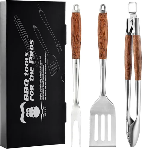 Miniatura 12 de Grilaz Juego de herramientas para barbacoa de acero inoxidable Mangos de madera teñida oscura Accesorios de parrilla para trabajo pesado Juego
