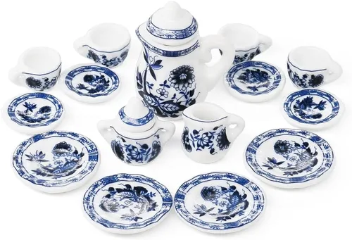 Miniatura 2 de Odoria Juego de té de porcelana en miniatura 1/12, 15 piezas, accesorios de decoración de casa de muñecas, loto azul