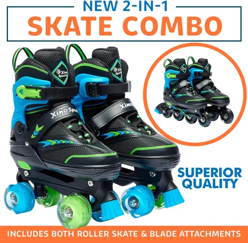 Miniatura 2 de XINO SPORTS Combo 2 en 1, Patines para niños Patines en línea - Patines intercambiables con luz LED para niños de 6 a 12 años, adolescentes y Verde