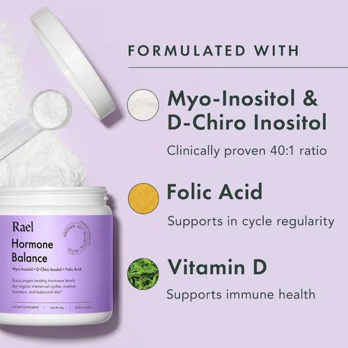 Miniatura 3 de Rael Balance hormonal para mujeres, suplemento en polvo de inositol - Vitamina B8, proporción probada 40:1, ácido fólico para la función ovárica
