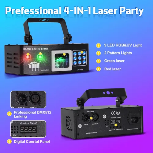 Miniatura 5 de Luces láser para DJ, luces de fiesta Pro 4 en 1 con activación por sonido y control DMX, espectáculo de luz láser RGBW y efecto de haz UV, luz láser