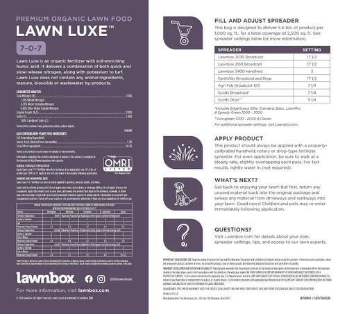 Miniatura 6 de Lawnbox Lawn Luxe 7-0-7 - Fertilizante de hierba de verano 100% orgánico, 14 libras, cubre bolsas de 2,500 pies cuadrados