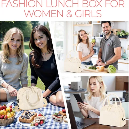 Miniatura 6 de WOBAGMEN Lonchera para Mujer, Bolsa de Almuerzo Linda de Cordura Aislada con Correa para Mujeres Adultas para Trabajo y Picnic (beige)