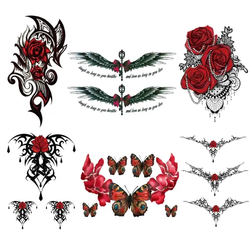 Miniatura 5 de CARGEN Tatuajes temporales de rosas sexys, 8 hojas de tatuajes de amor de flores, mariposas y gatos para mujeres, maquillaje sexy, tatuaje falso