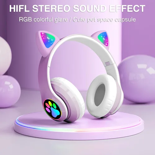 Miniatura 4 de Auriculares Bluetooth con cancelación de ruido para niños, auriculares plegables con forma de orejas de gato y luz LED, auriculares con orejas