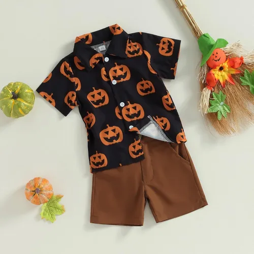 Miniatura 2 de Gueuusu Ropa de Halloween para bebé niño, camisa de manga corta con botones y cintura elástica, 2 piezas, traje de caballero