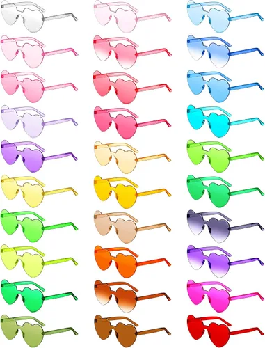 Colzzy 30 lentes de sol en forma de corazón sin montura para el día de San Valentín, transparentes, coloridos, sin marco, para despedida de soltera