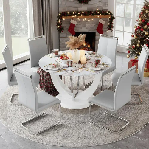 Miniatura 20 de Juego de mesa de comedor redonda para 4, mesa moderna de 48" con tapa de mármol sintético falso y pedestal brillante negro, juego de mesa de cocina