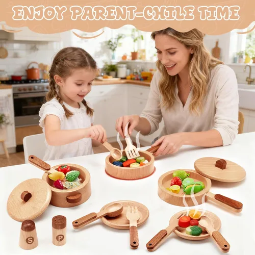 Miniatura 3 de WHOHOLL Accesorios de cocina de madera, juguetes de simulación, ollas y sartenes, juego de cocina para niños pequeños de 3, 4, 5, 6, juego de cocina