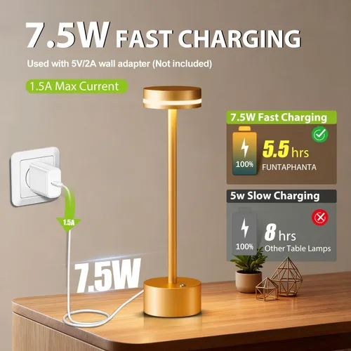 Miniatura 5 de Lámpara de mesa inalámbrica recargable dorada moderna, lámpara táctil de aluminio y batería operada de 4000mAh, lámparas de mesa LED de 3000K